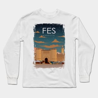 Fes Morocco Vintage Minimal Retro Travel Poster at Night Long Sleeve T-Shirt